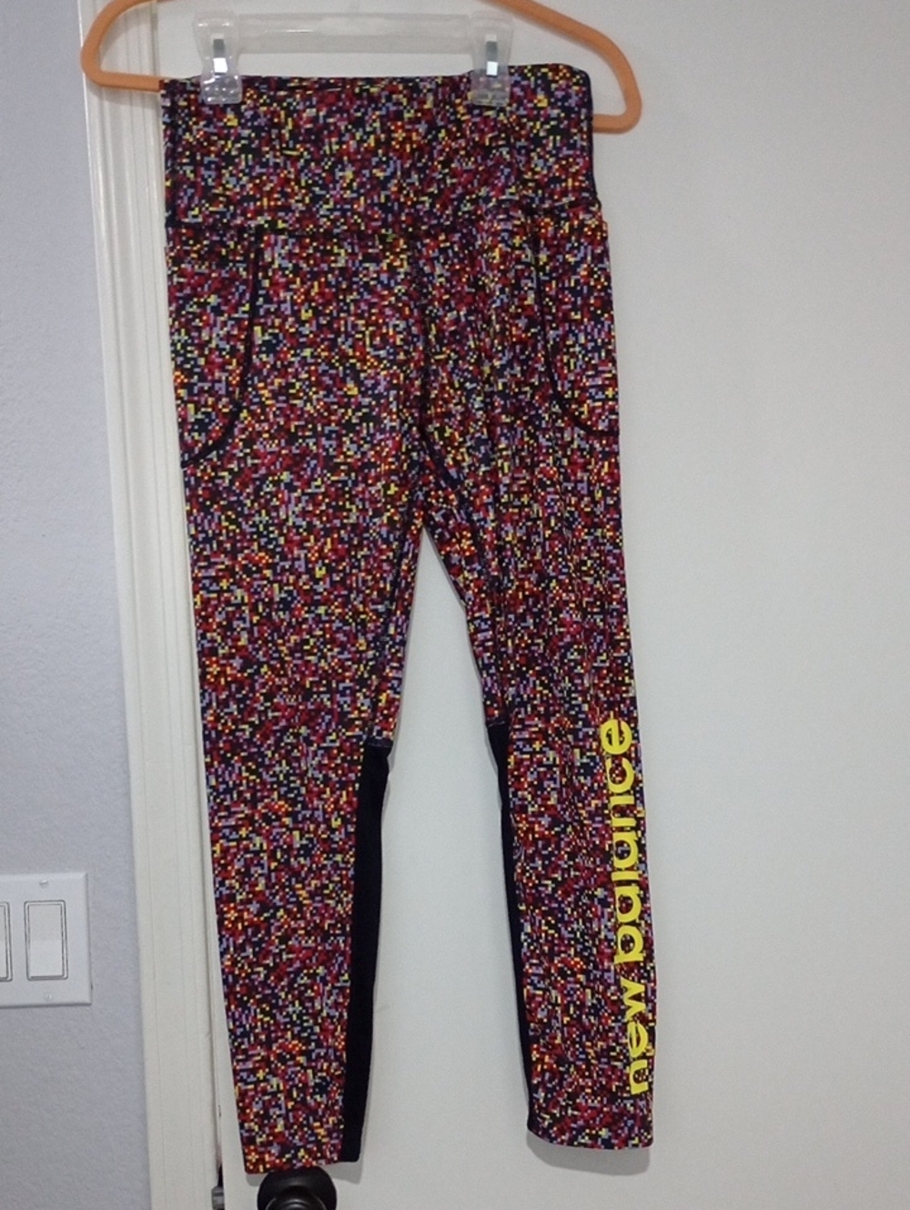 New Balance Multicolor Pixel Print Leggings with Yellow Logo Size S/M